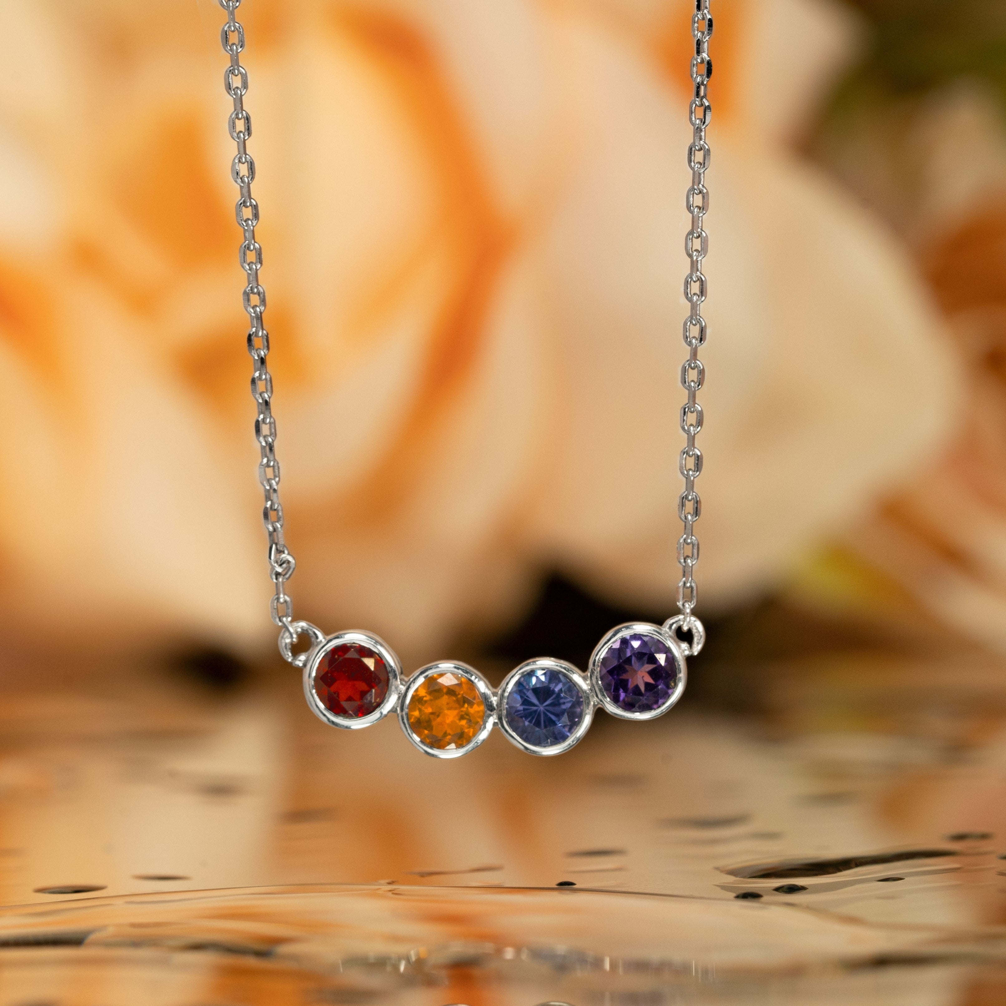 Unique Bezel 4 stones Custom Multi Birthstone Pendant Necklace in 18k White gold over Silver