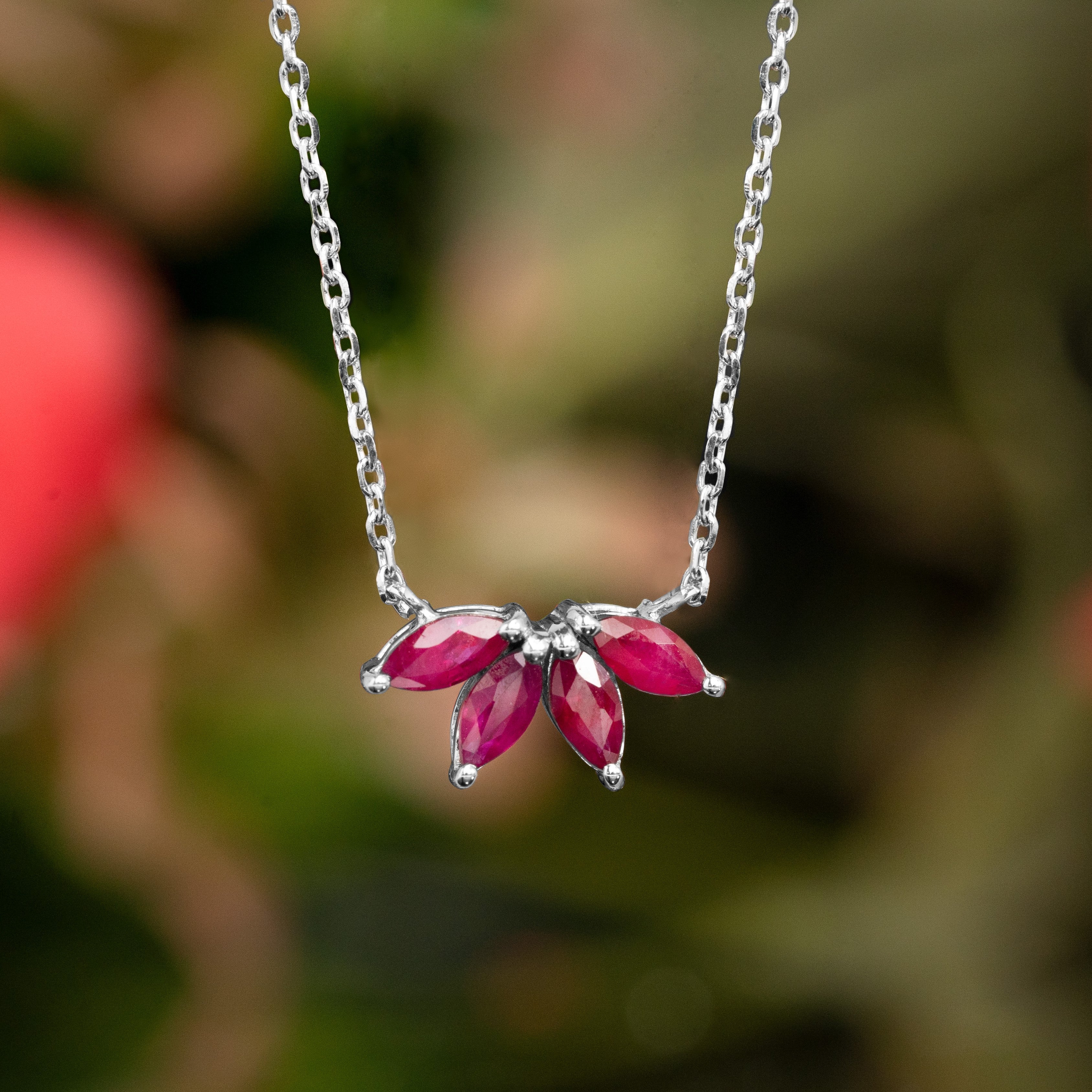 Vintage Floral Custom Birthstone Marquise Ruby Petal Pendant Necklace in 18k white gold over silver