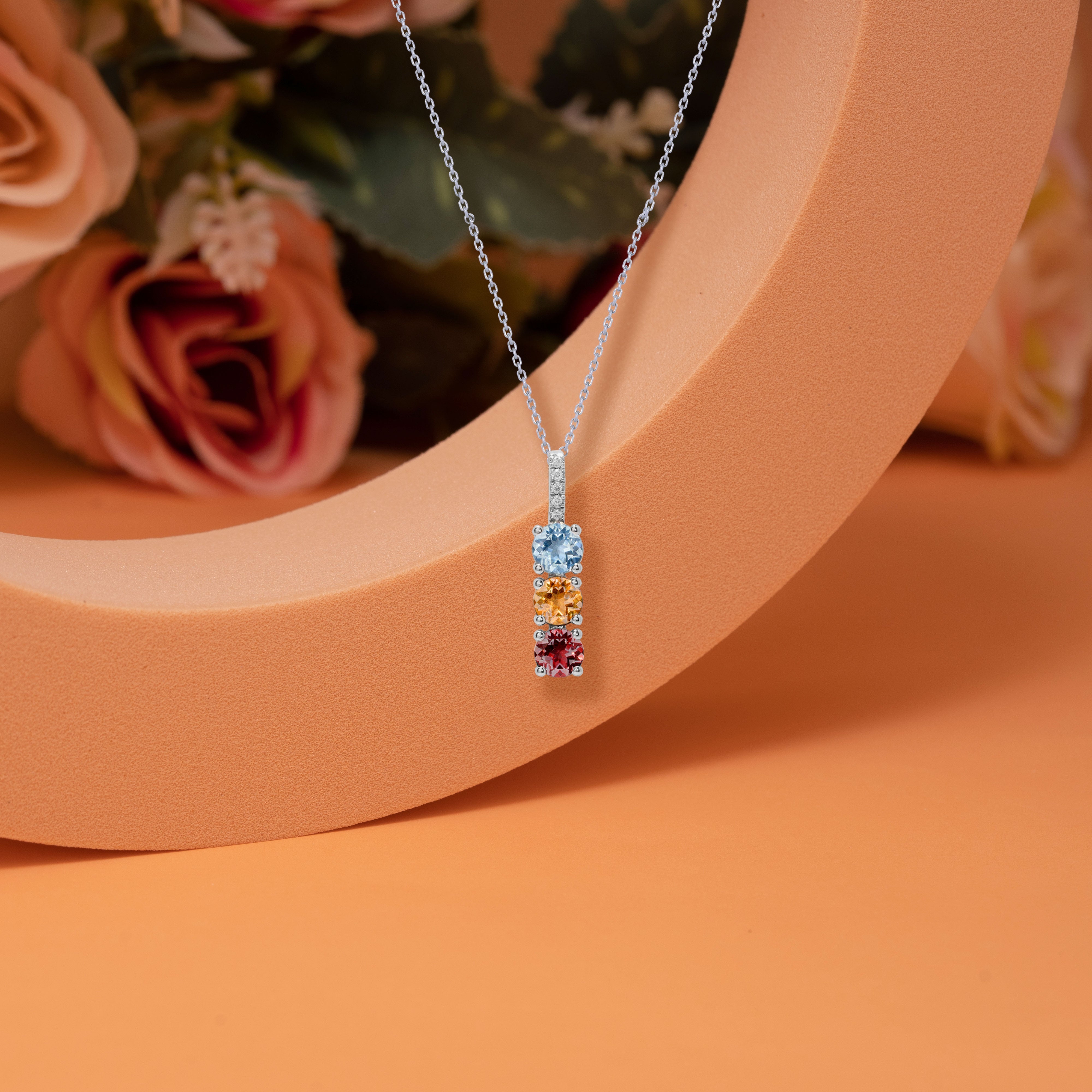 Perfect Vertical Multi Birthstone and Moissanite Bar Pendant Necklace for women in 18k white gold over silver