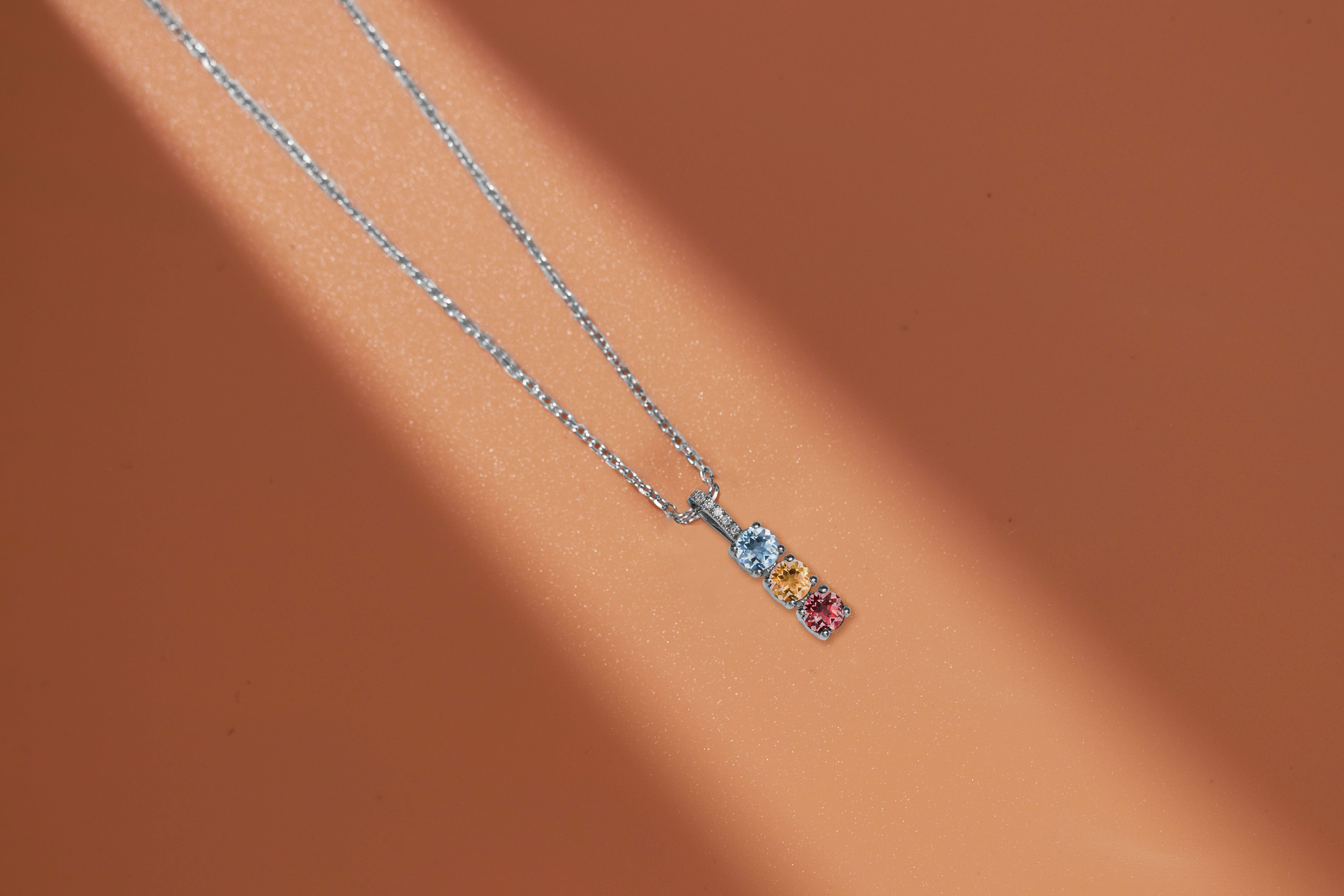 Perfect Vertical Multi Birthstone and Moissanite Bar Pendant Necklace for women in 18k white gold over silver