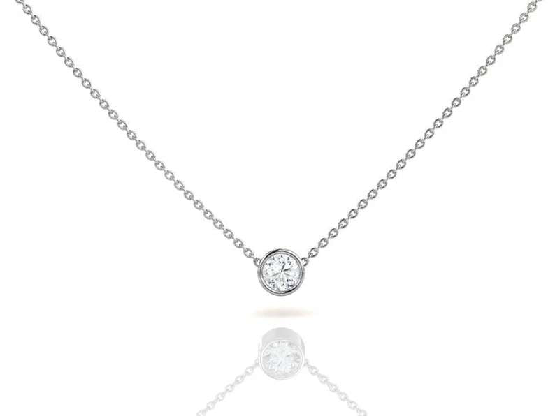 Beautiful bezel set Round Cut Diamond Pendant Necklace in 18K White Gold Plating over Silver