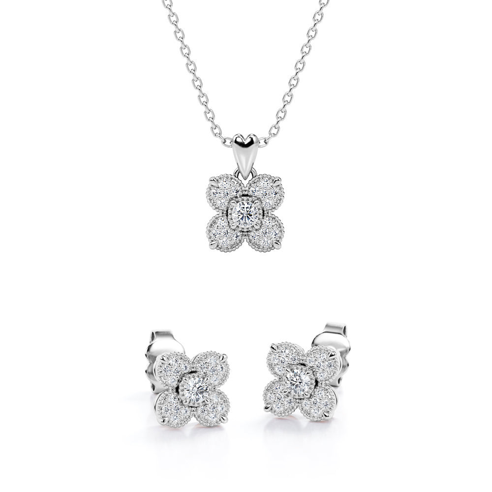 4-Petal Bloom Cluster 10K Jewelry Set of 0.35 TCW Diamond with Pendant Necklace & Earrings