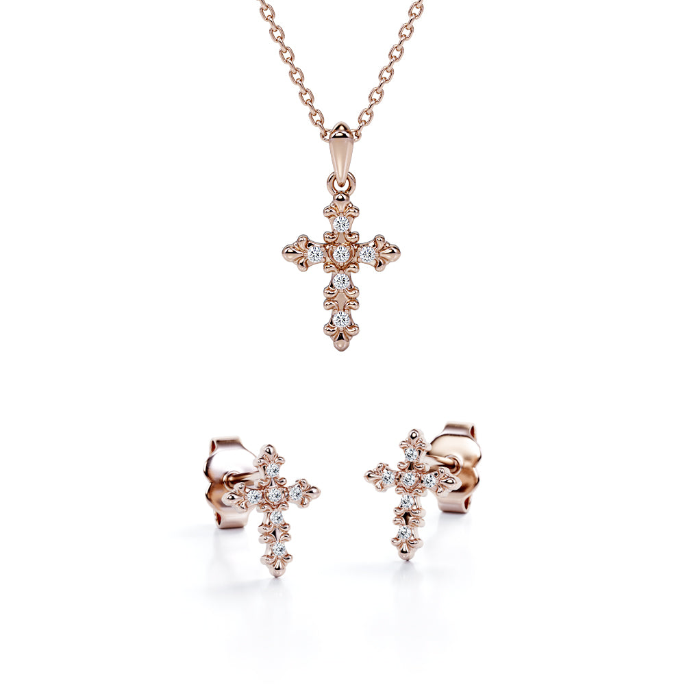 Tracery 10K Jewelry Set 0.05 TCW Diamond with Cross Pendant Necklace & Earrings