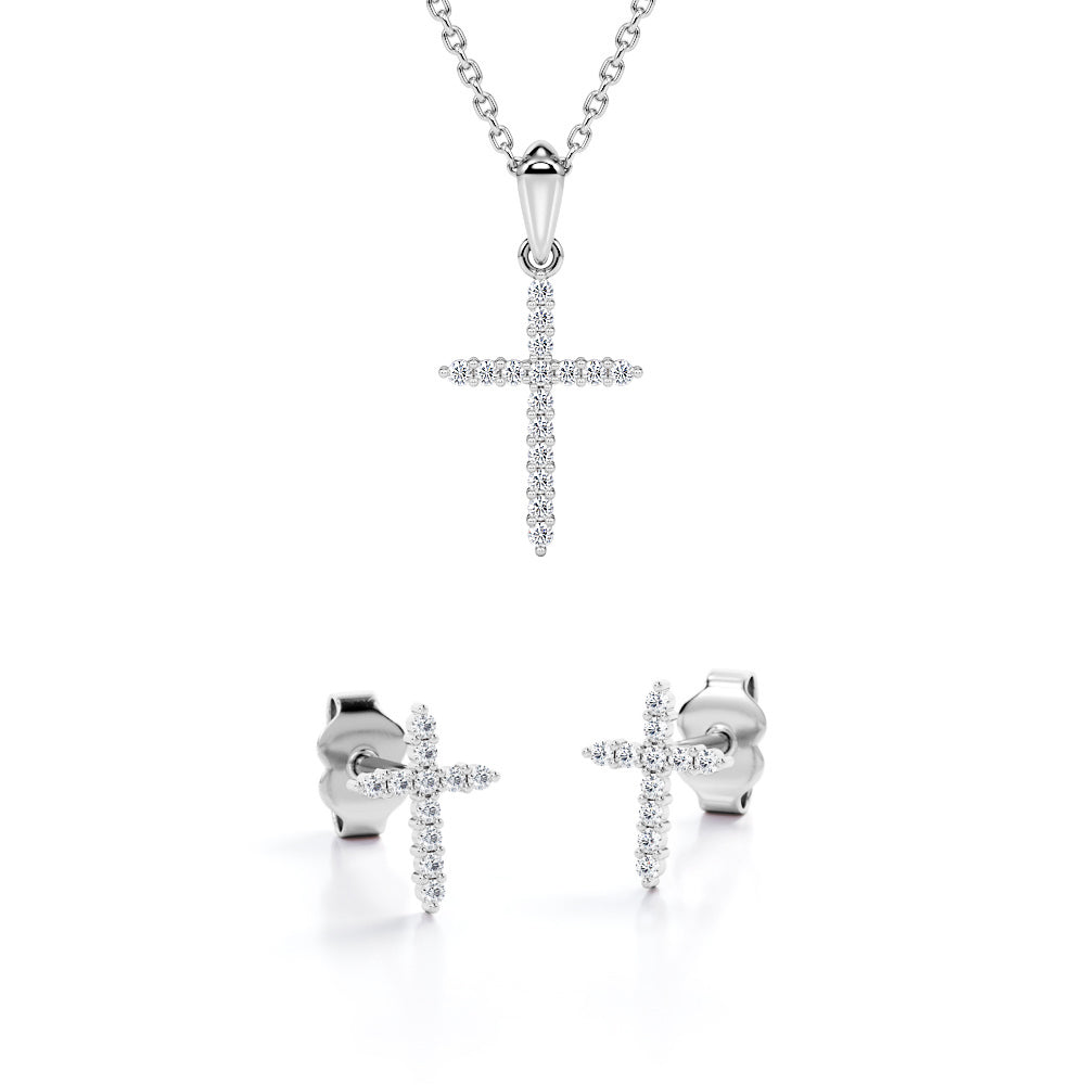 Shared-Prong 10K Jewelry Set 0.15 TCW Diamond with Cross Pendant Necklace & Earrings