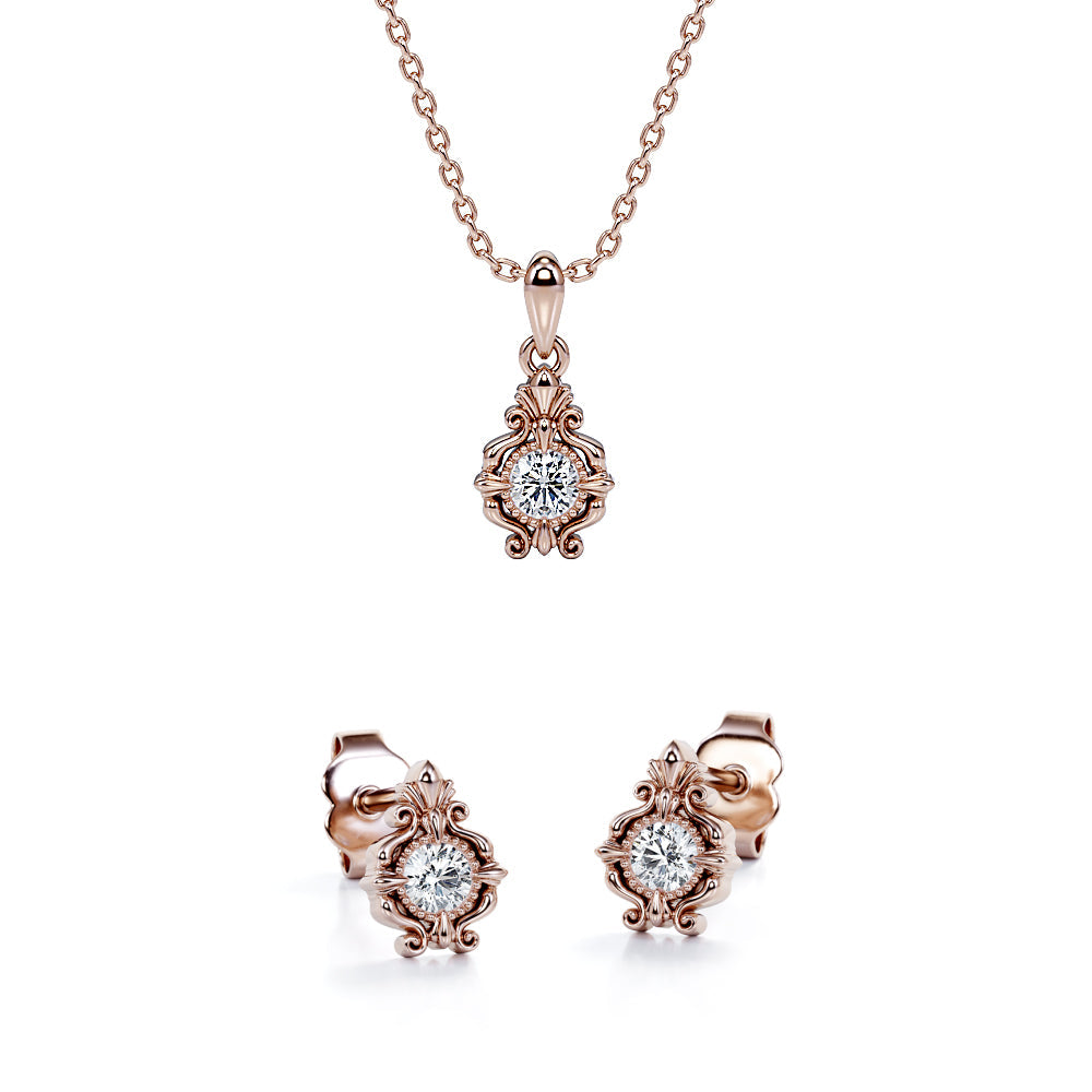 Baroque Filigree 10K Jewelry Set 0.3 TCW Diamond with Pendant Necklace & Earrings