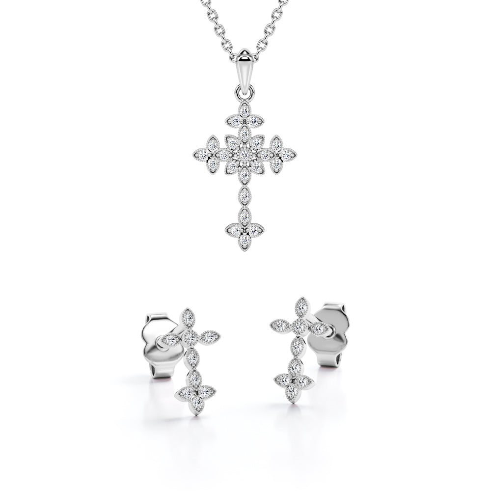 Milgrain 10K Jewelry Set 0.15 TCW Diamond with Crucifix Pendant Necklace & Earrings