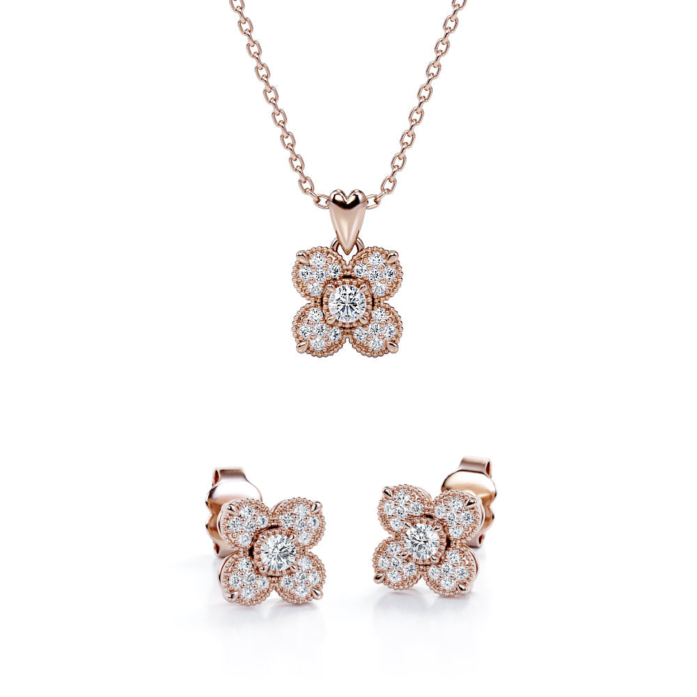 4-Petal Bloom Cluster 10K Jewelry Set of 0.35 TCW Diamond with Pendant Necklace & Earrings