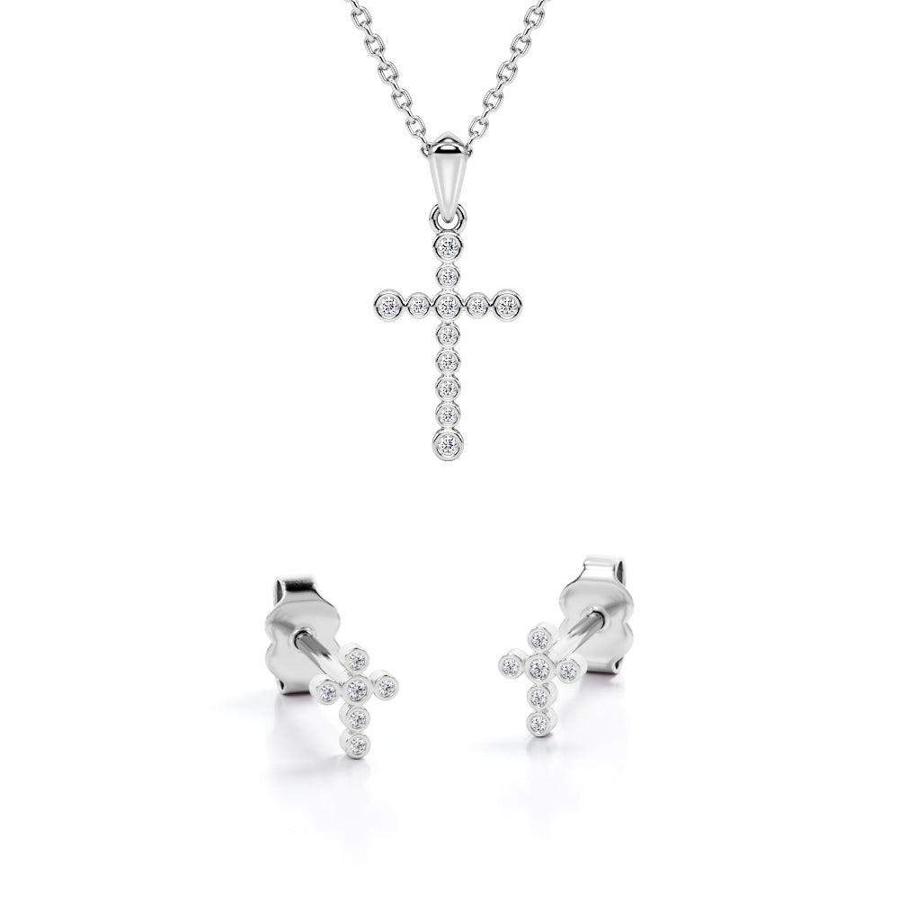 Beaded Bezel 10K Jewelry Set 0.15 TCW Diamond with Crucifix Pendant Necklace & Earrings