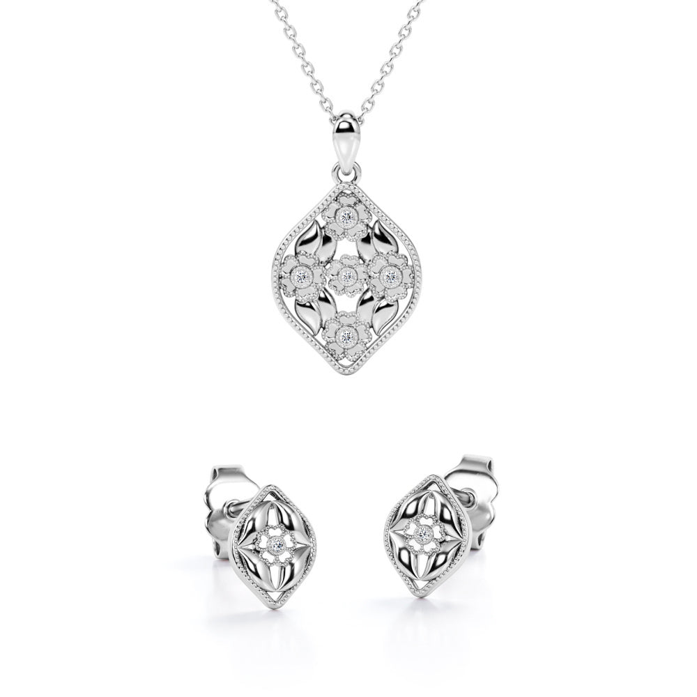 Blossom Milgrain Design 10K Jewelry Set 0.03 TCW Diamond with Pendant Necklace & Earrings