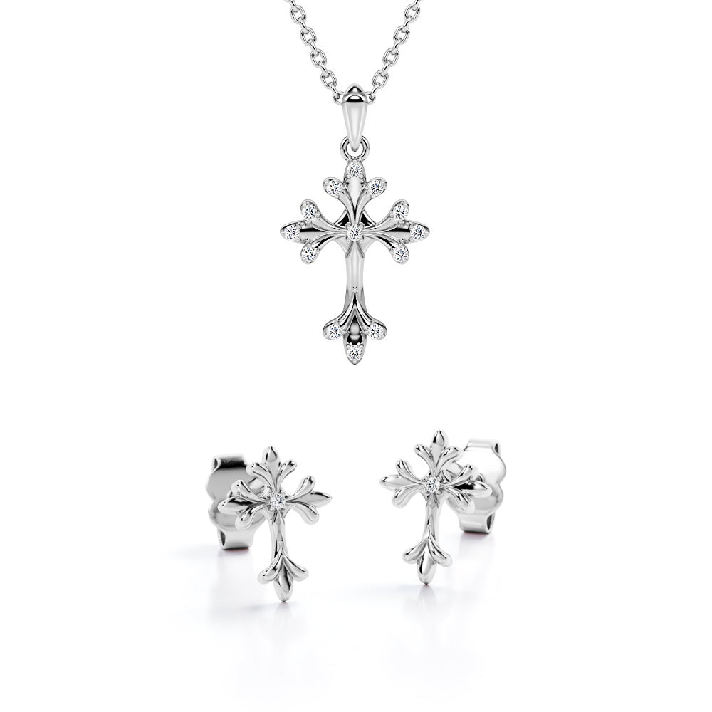 Three-Lobed 10K Jewelry Set 0.05 TCW Diamond with Rood Pendant Necklace & Earrings