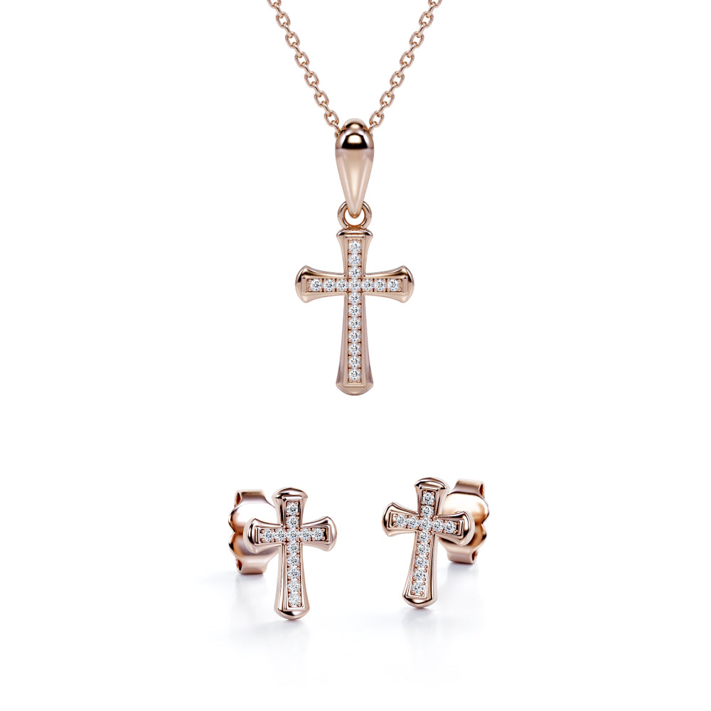 Pave-Channel Rounded 10K Jewelry Set 0.15 TCW Diamond with Cross Pendant Necklace & Earrings