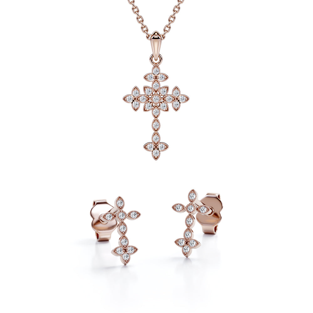 Milgrain 10K Jewelry Set 0.15 TCW Diamond with Crucifix Pendant Necklace & Earrings