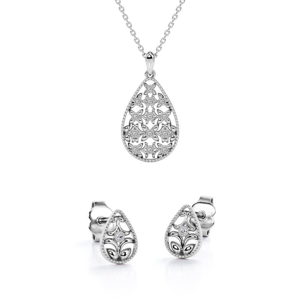 Sprout Filigree 10K Jewelry Set 0.03 TCW Diamond with Pendant Necklace & Earrings