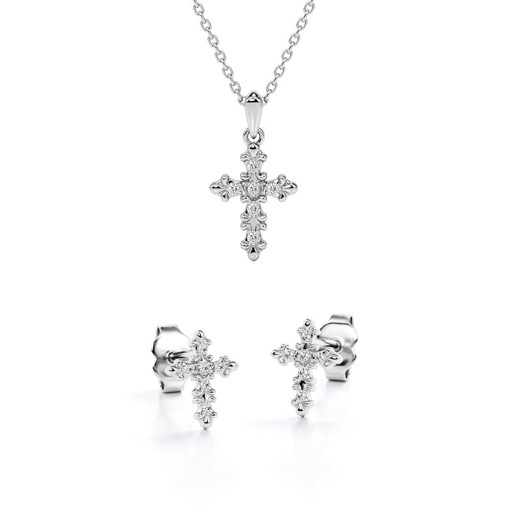 Tracery 10K Jewelry Set 0.05 TCW Diamond with Cross Pendant Necklace & Earrings