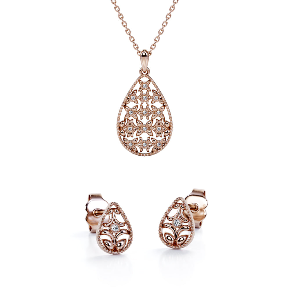 Sprout Filigree 10K Jewelry Set 0.03 TCW Diamond with Pendant Necklace & Earrings