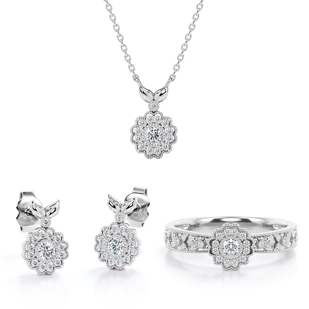 Bloom Flower Halo Jewelry Set of 0.45 TCW Diamond with Pendant, Earrings & Ring