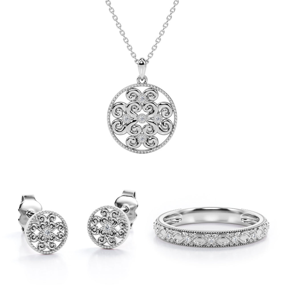 Spiral Bezel Jewelry Set 0.05 TCW Diamond with Pendant, Earrings & Ring