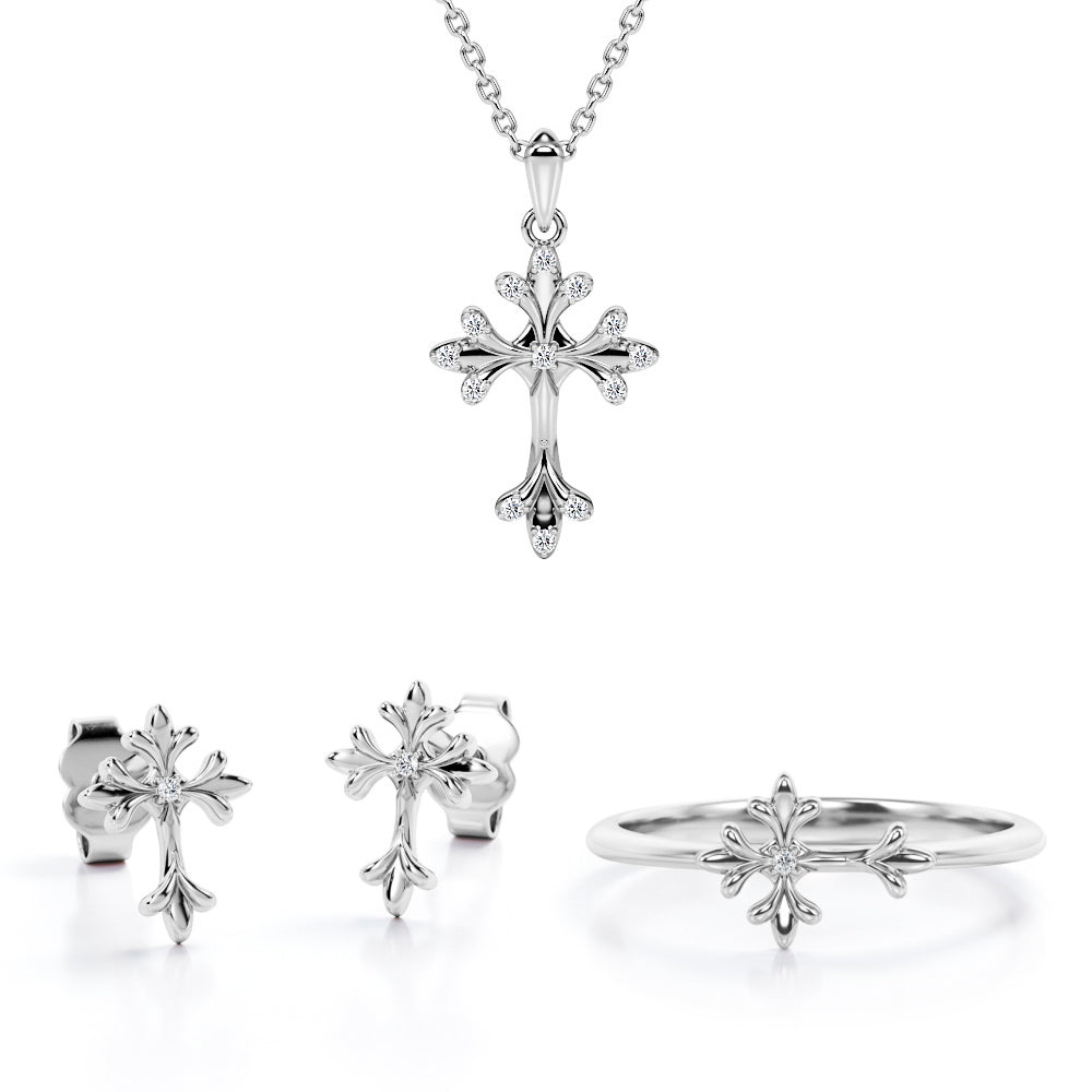 Three-Lobed Jewelry Set 0.1 TCW Diamond with Rood Pendant, Earrings & Ring