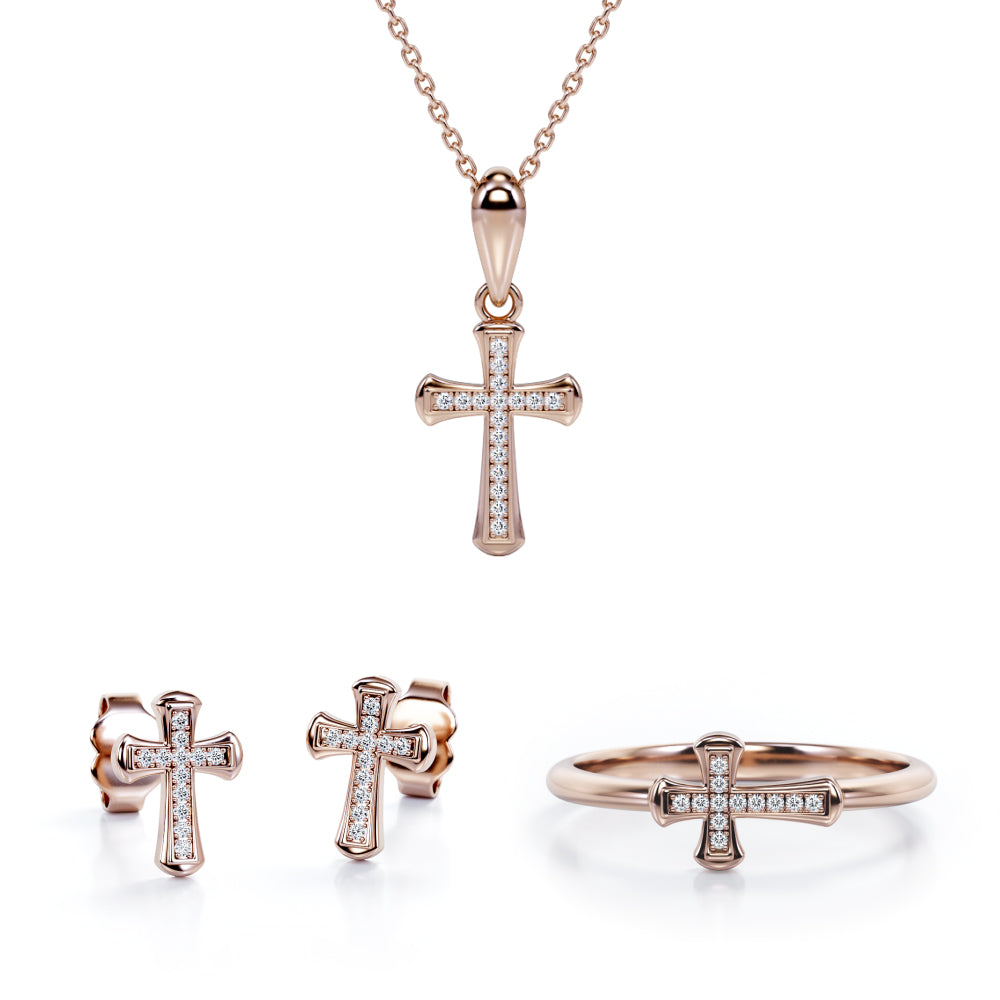 Pave-Channel Rounded Jewelry Set 0.2 TCW Diamond with Cross Pendant, Earrings & Ring