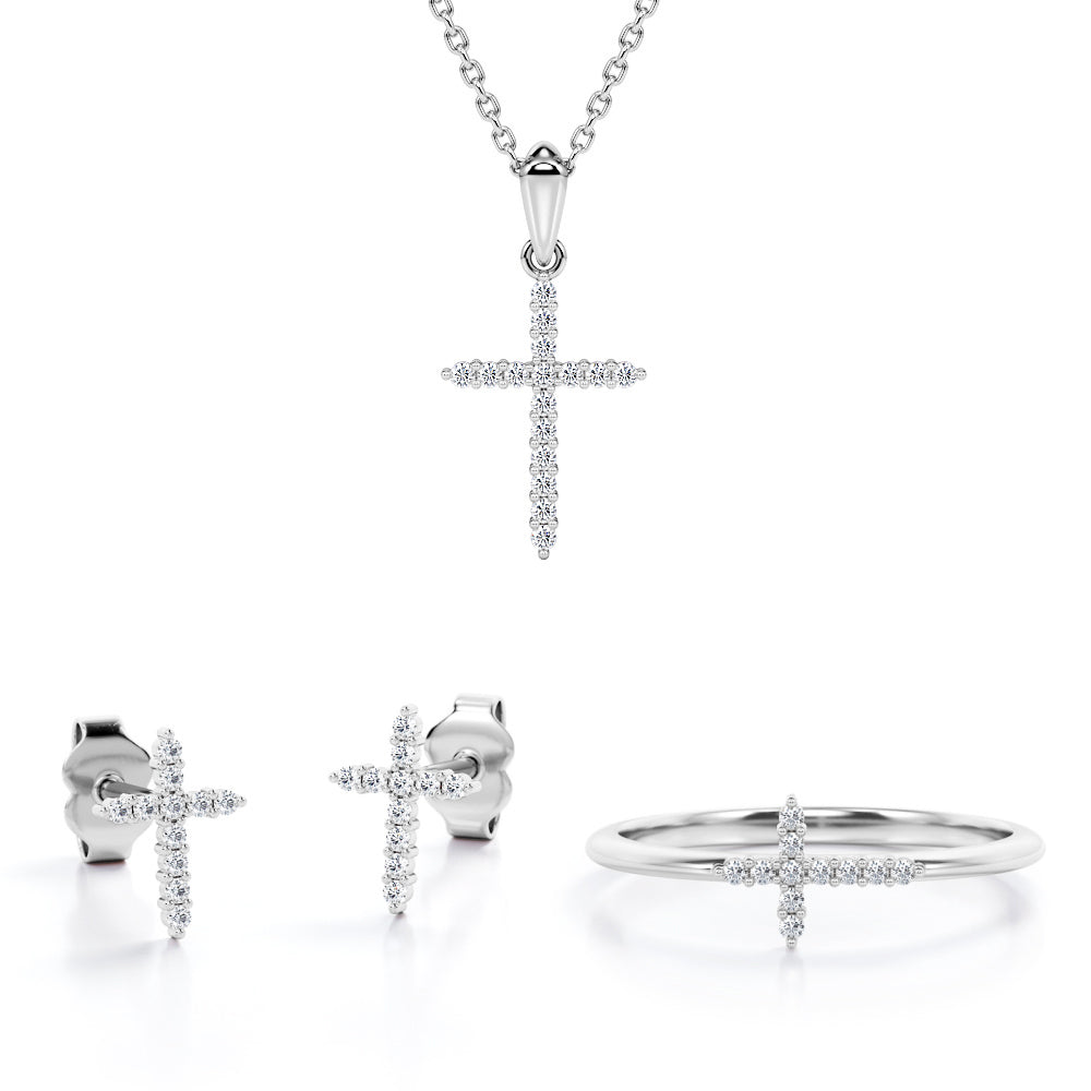 Shared-Prong Jewelry Set 0.2 TCW Diamond with Cross Pendant, Earrings & Ring