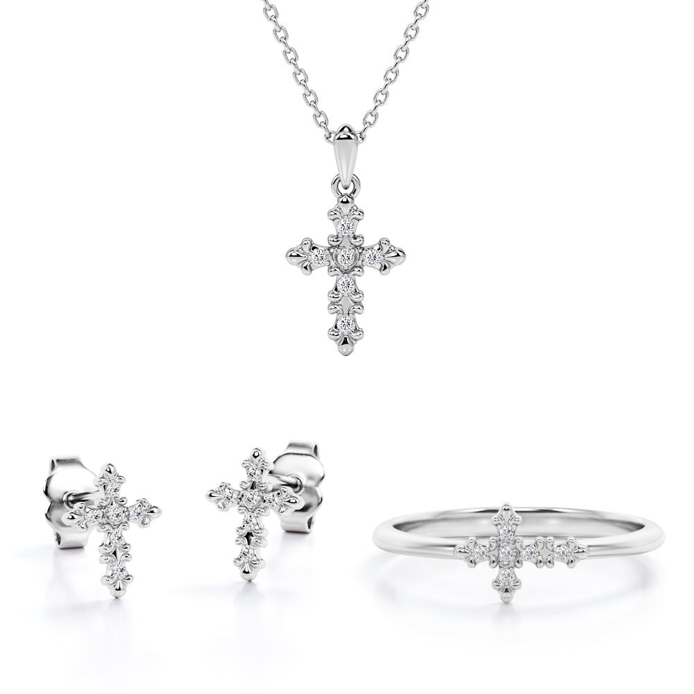 Tracery Jewelry Set 0.1 TCW Diamond with Cross Pendant, Earrings & Ring