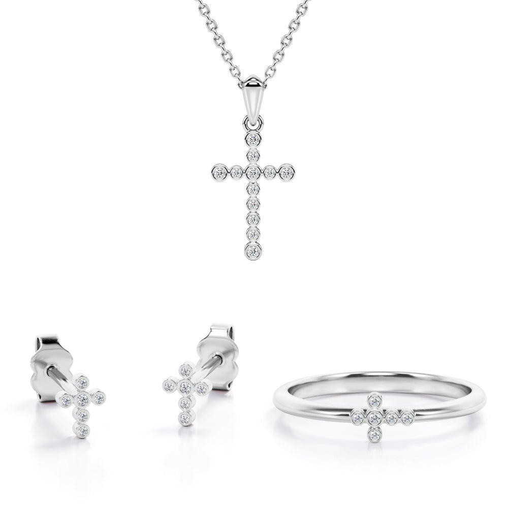 Beaded Bezel Jewelry Set 0.2 TCW Diamond with Crucifix Pendant, Earrings & Ring