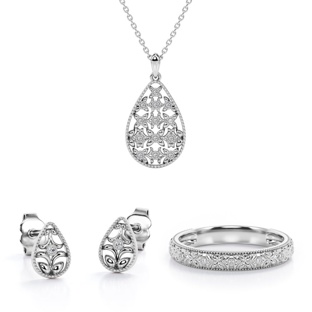 Sprout Filigree Jewelry Set 0.05 TCW Diamond with Pendant, Earrings & Ring