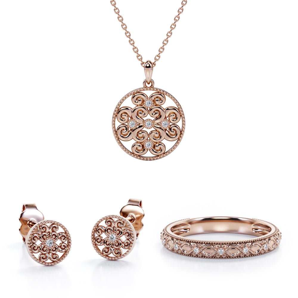 Spiral Bezel Jewelry Set 0.05 TCW Diamond with Pendant, Earrings & Ring