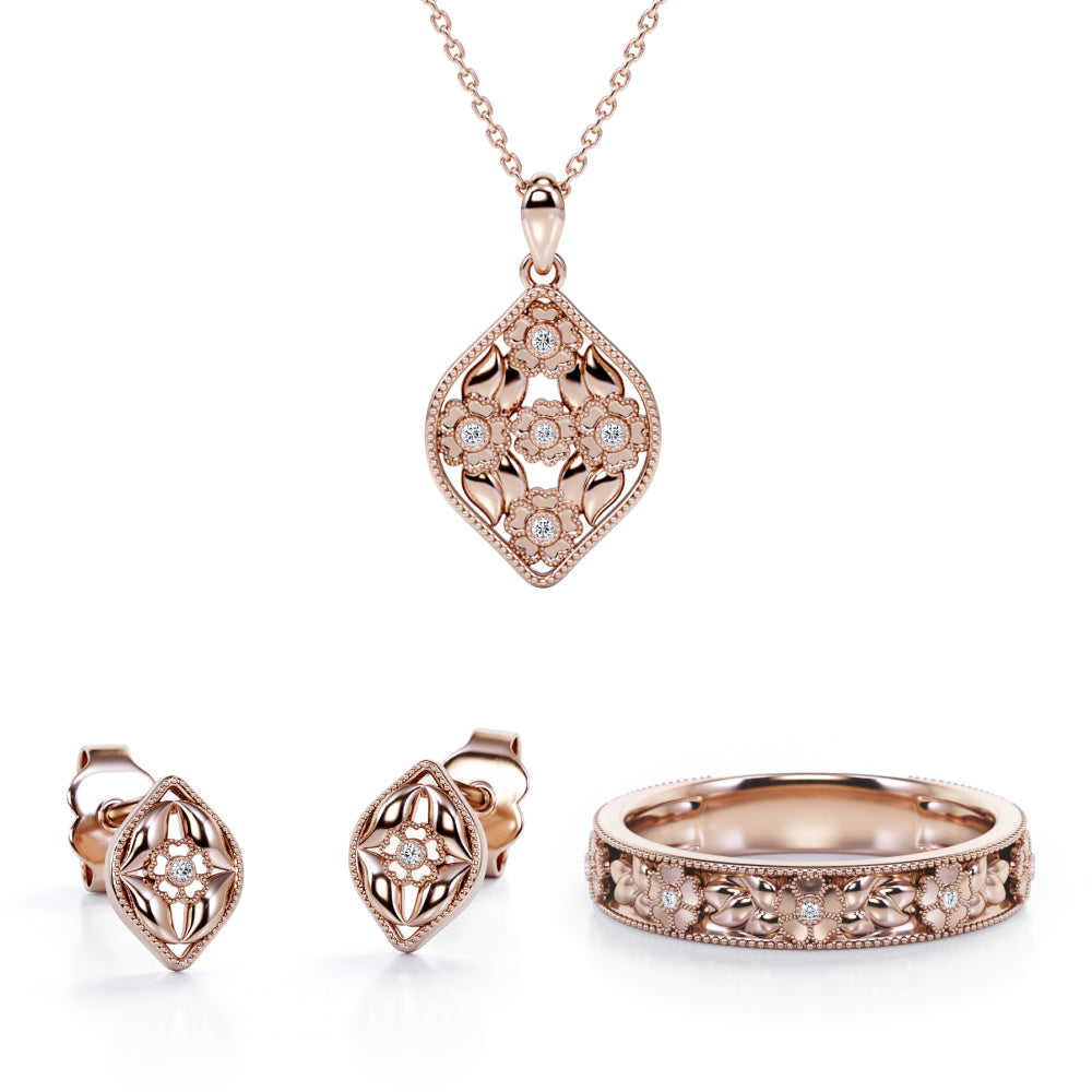 Blossom Milgrain Design Jewelry Set 0.05 TCW Diamond with Pendant, Earrings & Ring