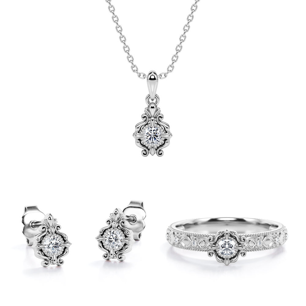 Baroque Filigree Jewelry Set 0.4 TCW Diamond with Pendant, Earrings & Ring