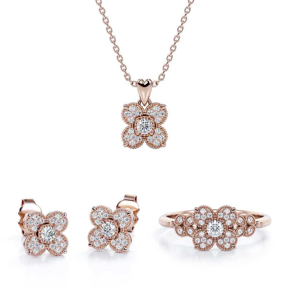 4-Petal Bloom Cluster Jewelry Set of 0.45 TCW Diamond with Pendant, Earrings & Ring