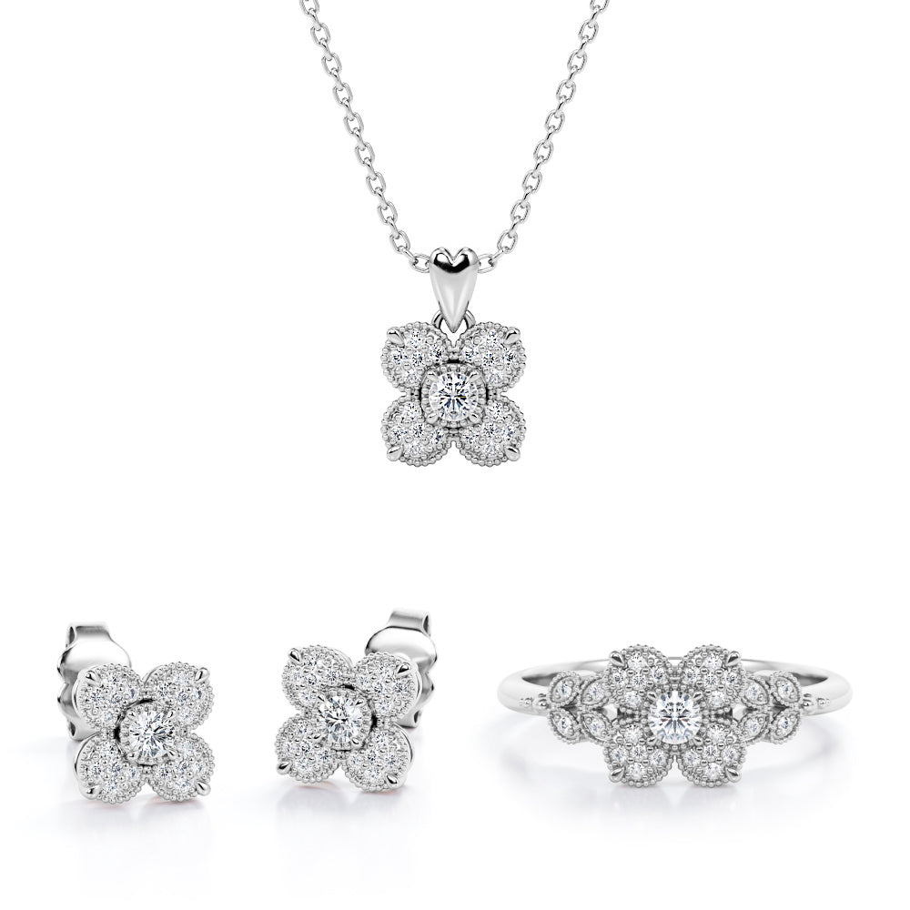 4-Petal Bloom Cluster Jewelry Set of 0.45 TCW Diamond with Pendant, Earrings & Ring