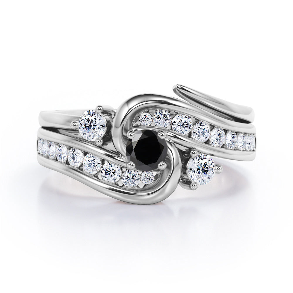 Twisted Tension - Prong 1 TCW Round Brilliant Cut Black Diamond - Flush Channel Wedding Set in White Gold