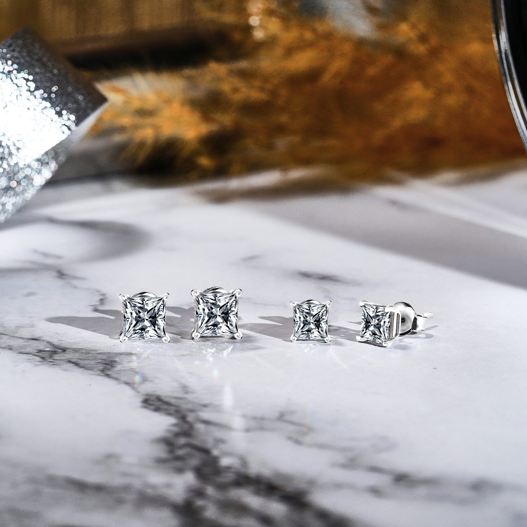 1 Carat Princess Cut Moissanite 4 Prong - Solitaire Stud Earrings - 18K White Gold Plating Over Silver