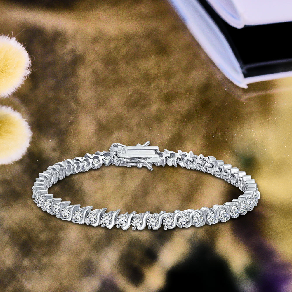 Perfect 3 Carat Round Cut Moissanite S shape Tennis Bracelet for women in 18K White Gold over Silver.