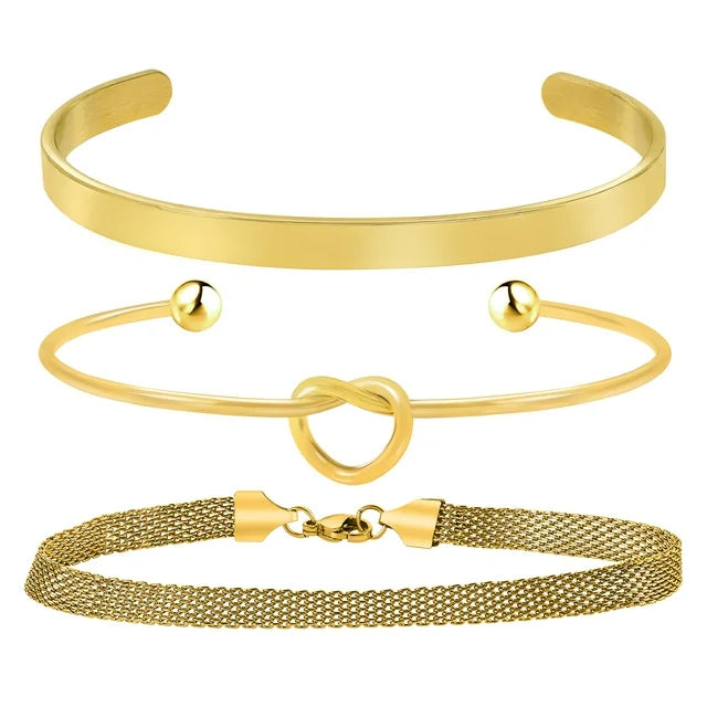 Stylish 3 Pcs Multipack Bracelets for Women, Stackable Yellow Gold Plated Bracelets Set, Trendy Jewelry Gift for Her