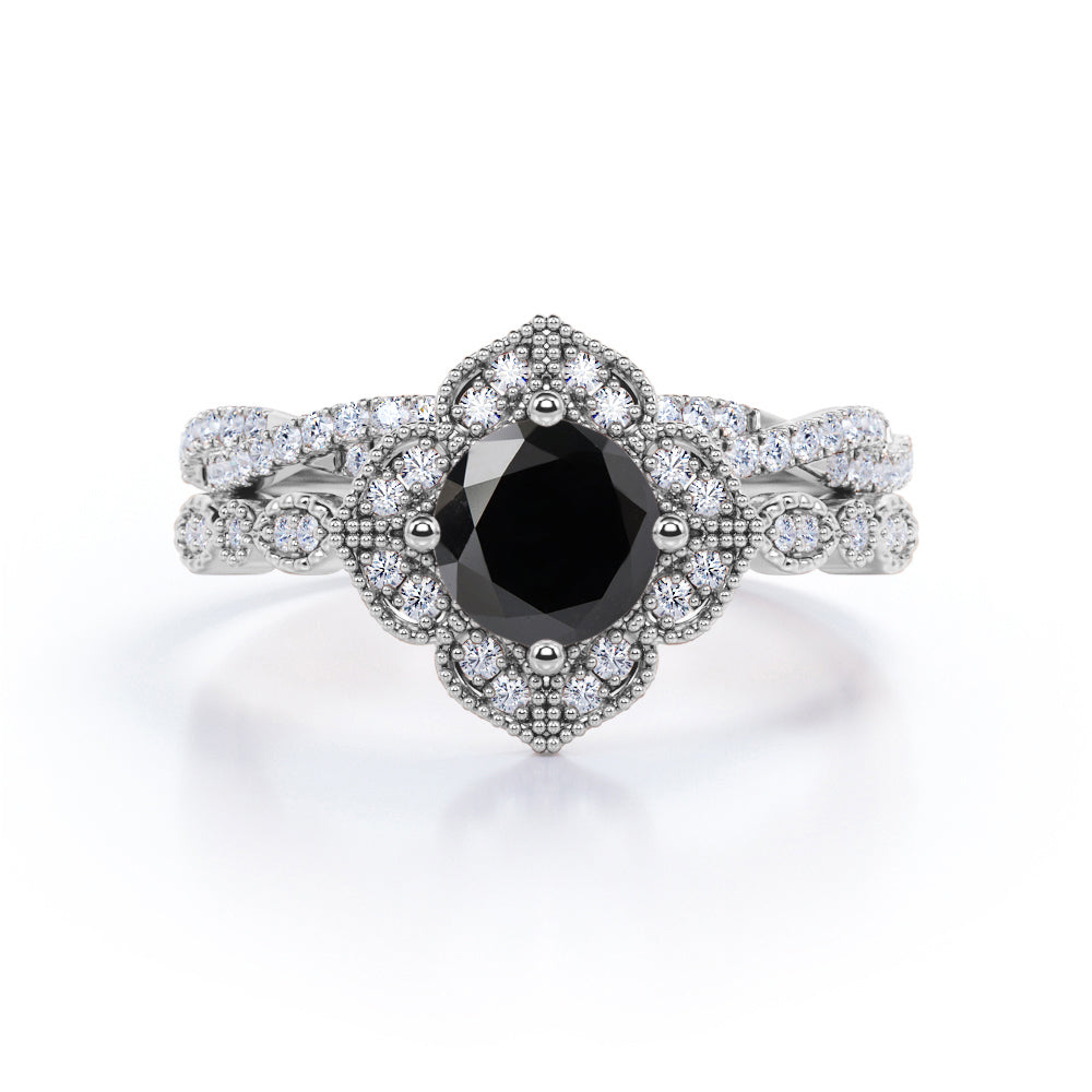 2 carat round cut Black Diamond art deco wedding ring set in white gold