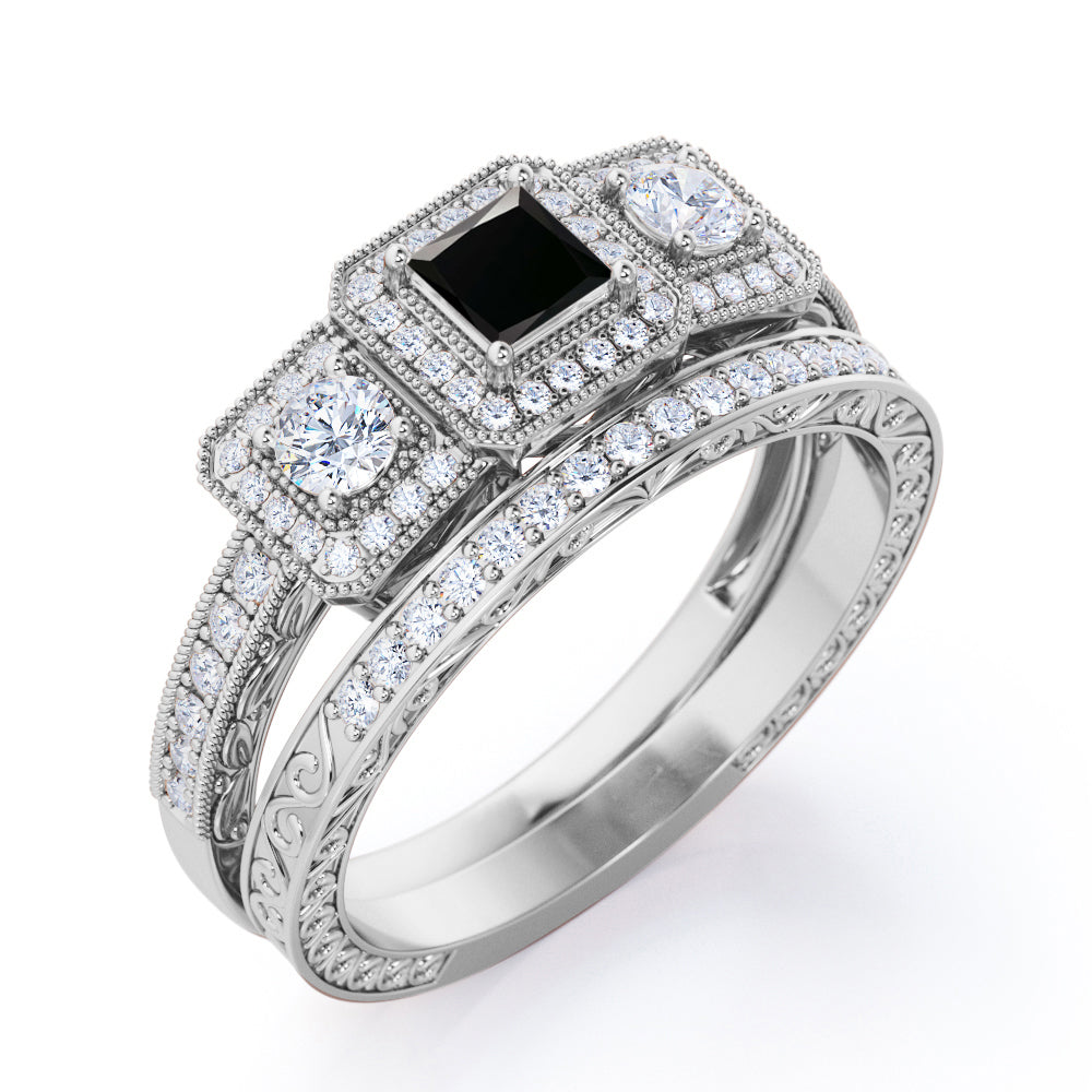 1.25 carat princess cut Black Diamond three stone trilogy wedding ring set in white gold