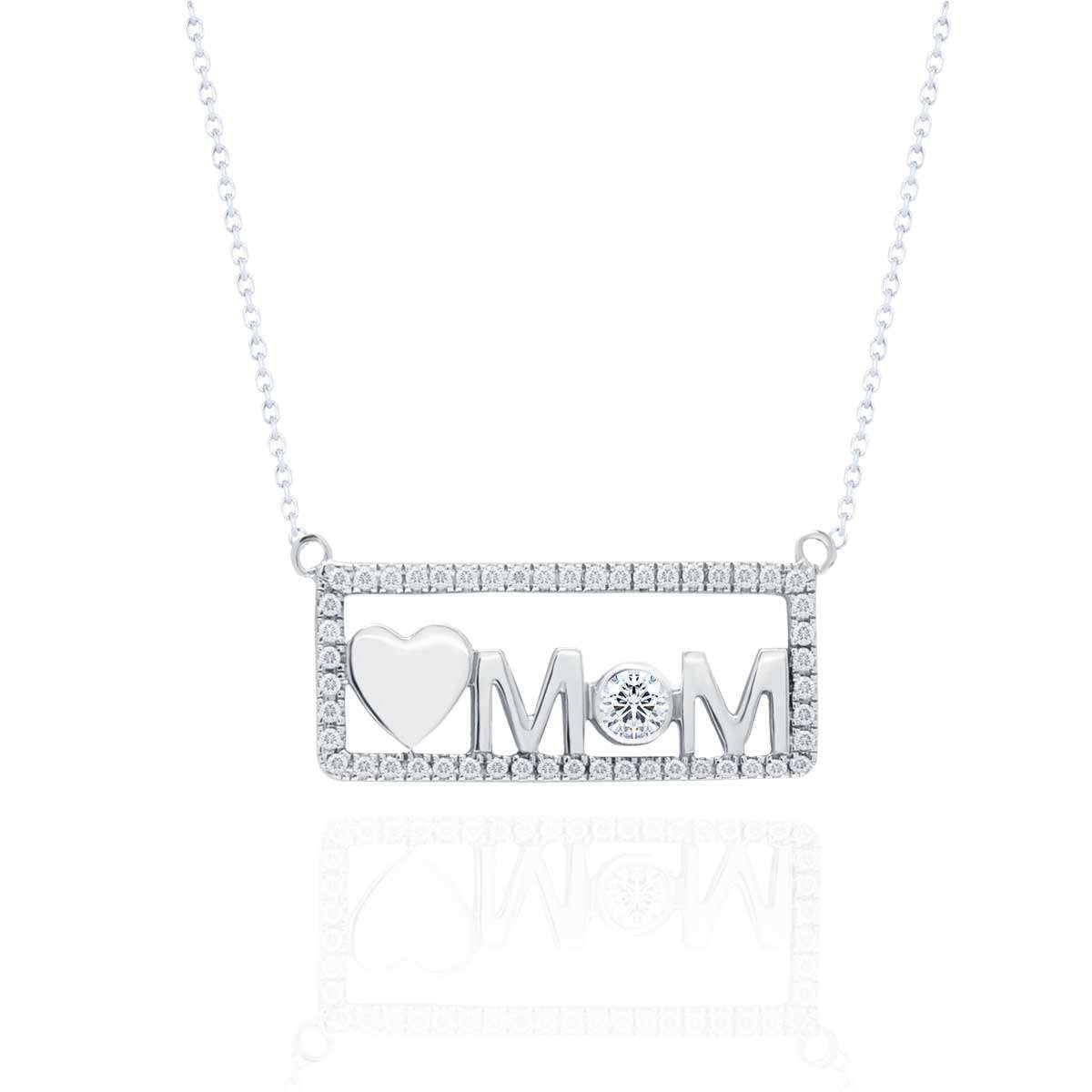 Love Mom Moissanite Pendant Necklace in 18K White Gold over Silver