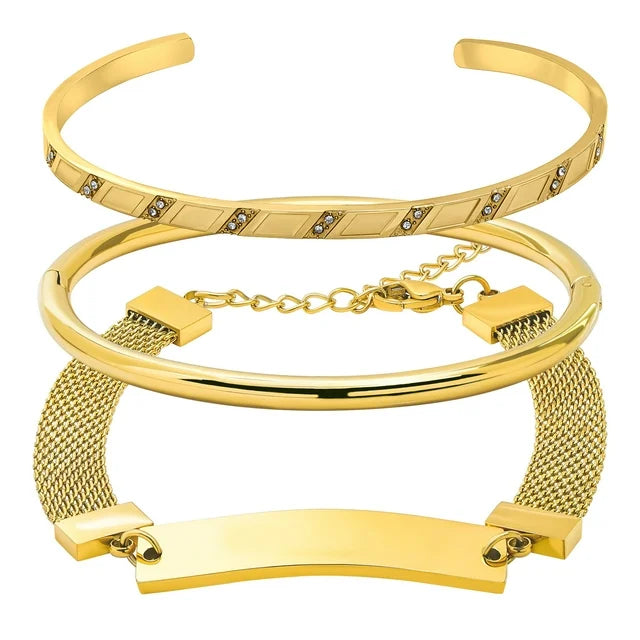 Trendy 3 Pcs Multipack Bracelets Set, Stackable Yellow Gold Plated Bracelets, Mix and Match Bracelet for Women