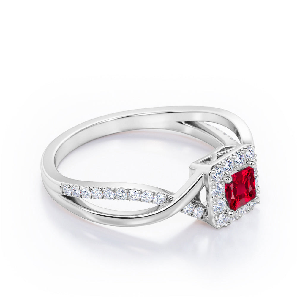 1.25 Carat Princess Cut Lab-Created Ruby - Half Crossover Pave - Halo Engagement Ring in White Gold