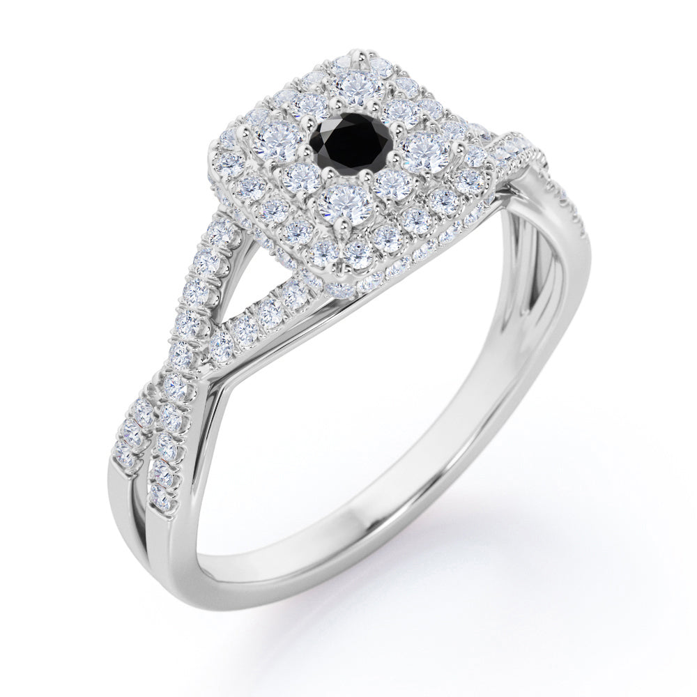 Pave Crossover - 1.25 Carat Round Cut Black Diamond - Flush Cluster Halo Engagement Ring in White Gold