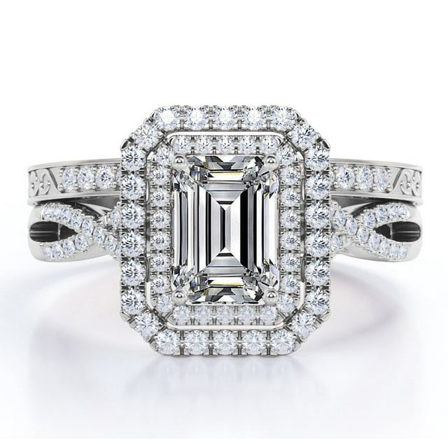 Twisted - 2 Carat Emerald Cut - Filigree Band - Double Halo Design Wedding Ring Set - 18K Black Gold Plating over Silver