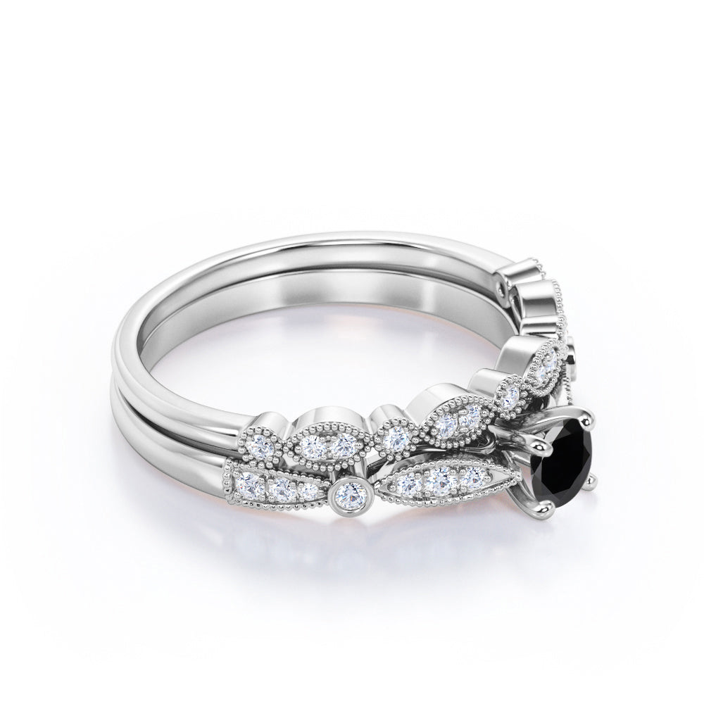 1.3 Carat Round Cut Lab Grown Black Diamond Unique Wedding Ring Set For Women In White Gold