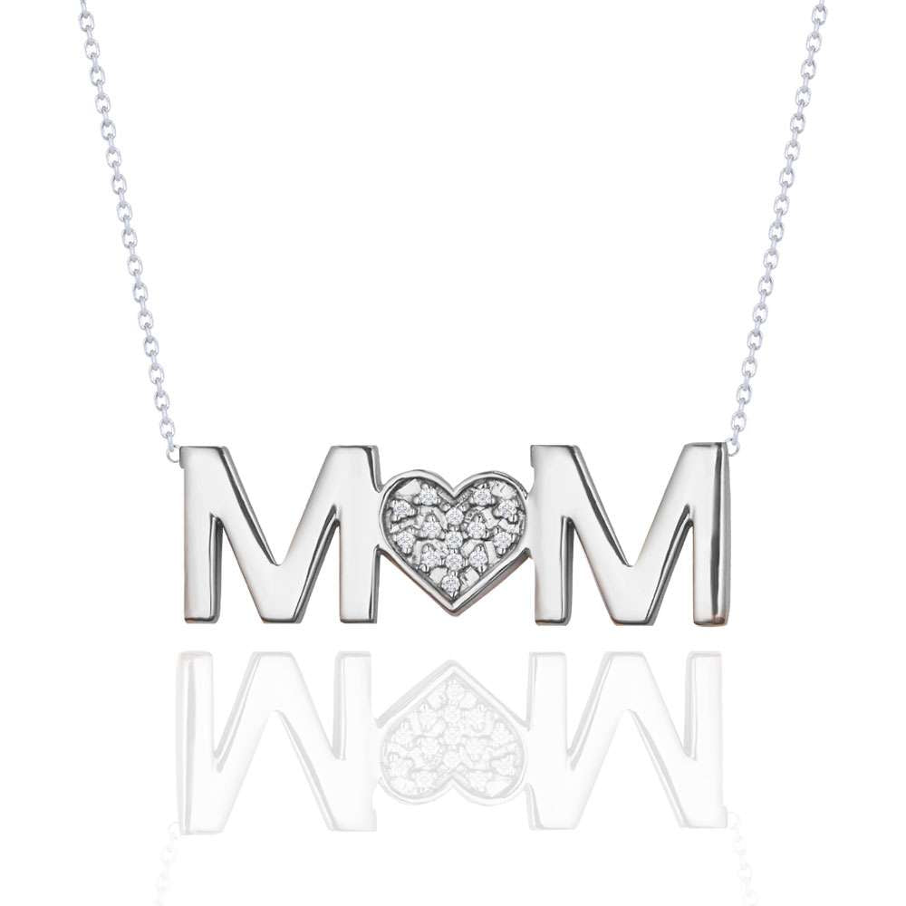 MOM Diamond Pendant Necklace in 18K White Gold over Silver