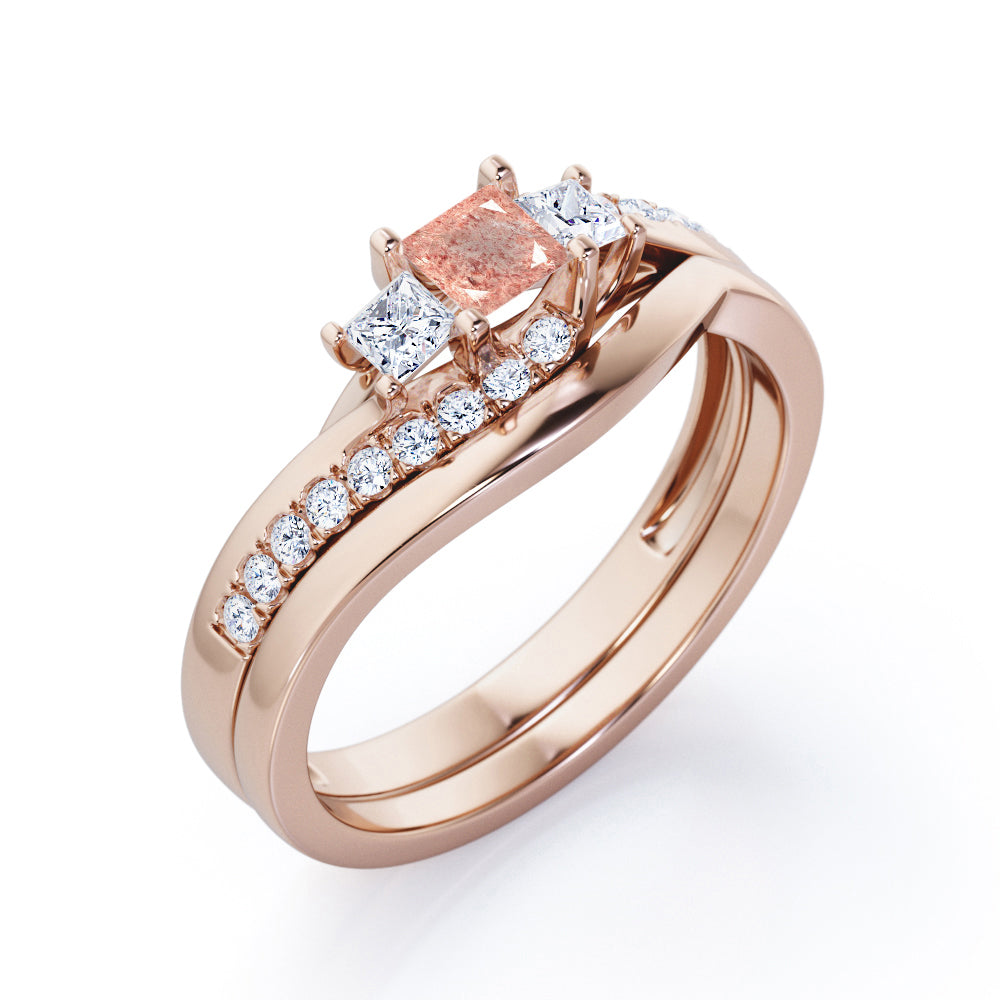 3 Stone Shared Prong - 1 TCW Princess Cut Strawberrry Quartz and diamond - Pave Curved Shank Wedding Set - Rose Gold