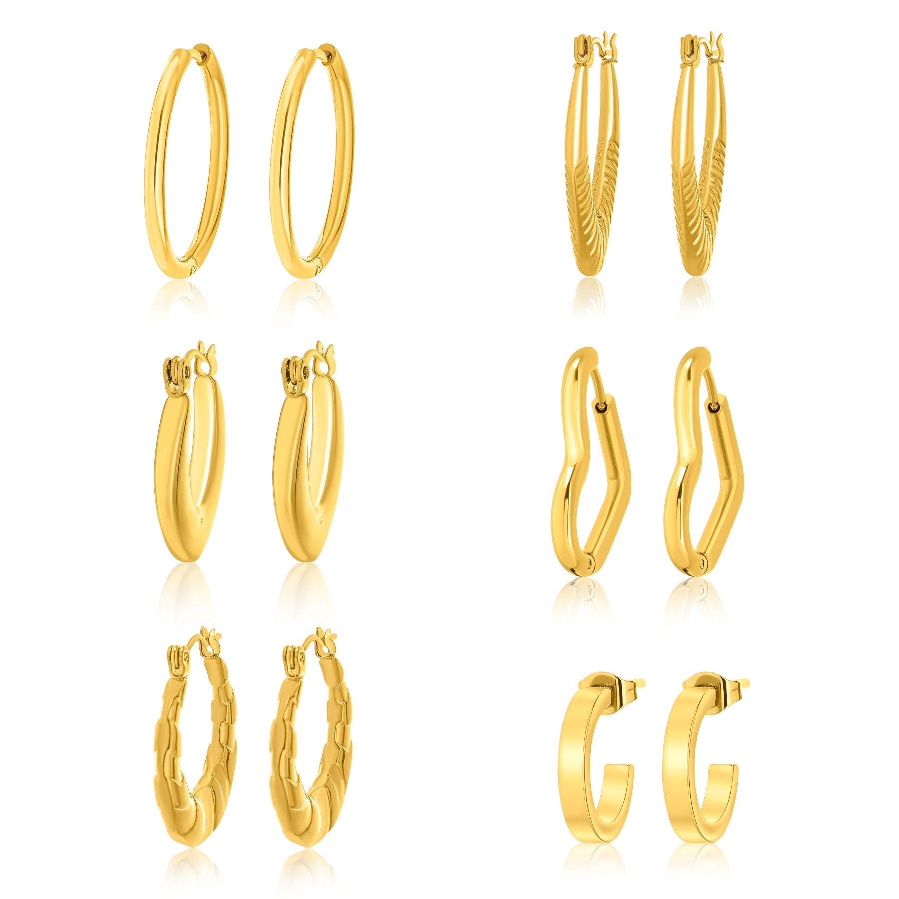 6 Pairs Women Earrings MultiPack Gift Set in Yellow Gold Plating, Multipack Lightweight, Hoop Huggies Twist Huggie Earrings for Daily Office Wear