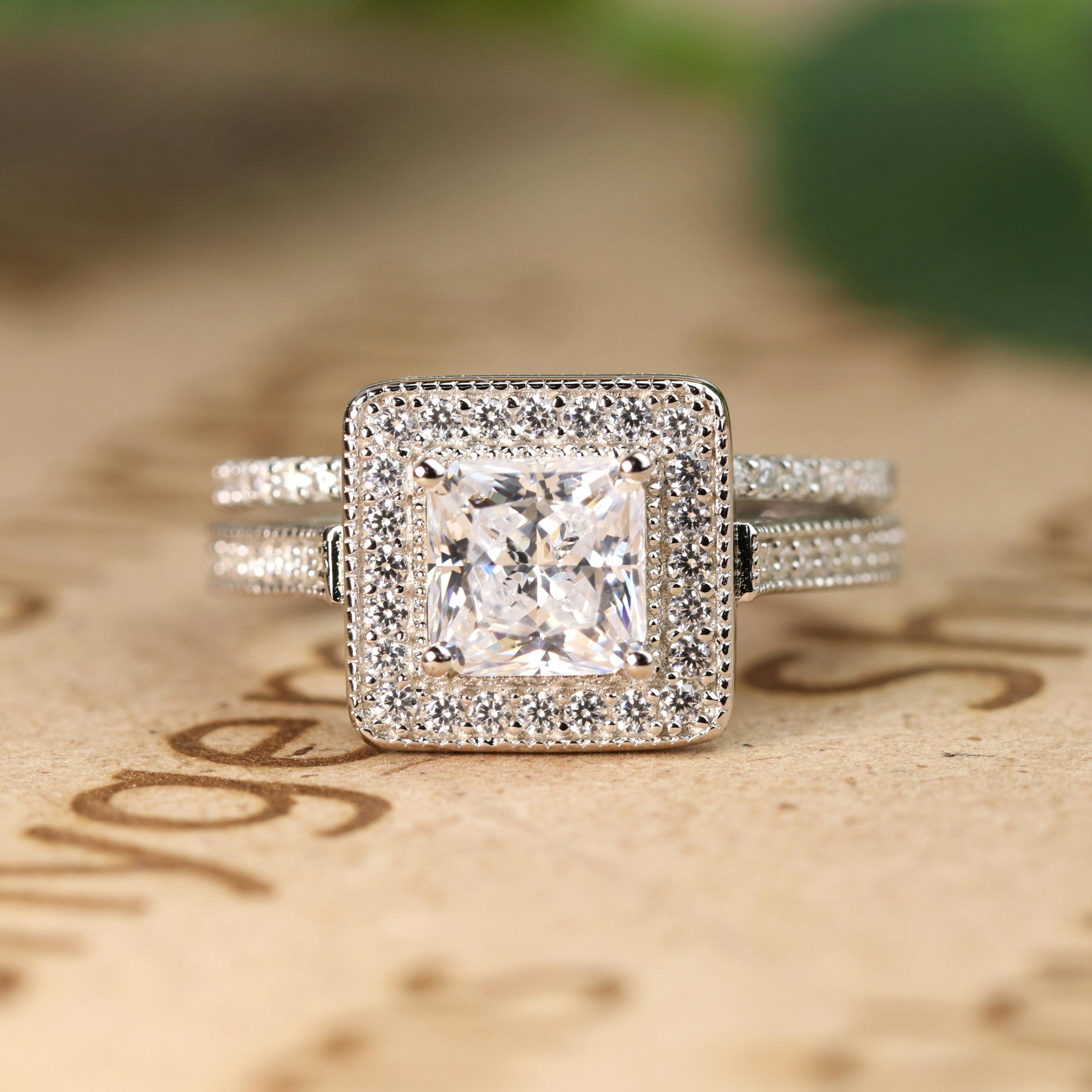 1 carat Princess Cut Moissanite Wedding Set - Bridal Set - Milgrain Ring - Vintage Ring - Halo Ring - 18k White Gold Over Silver