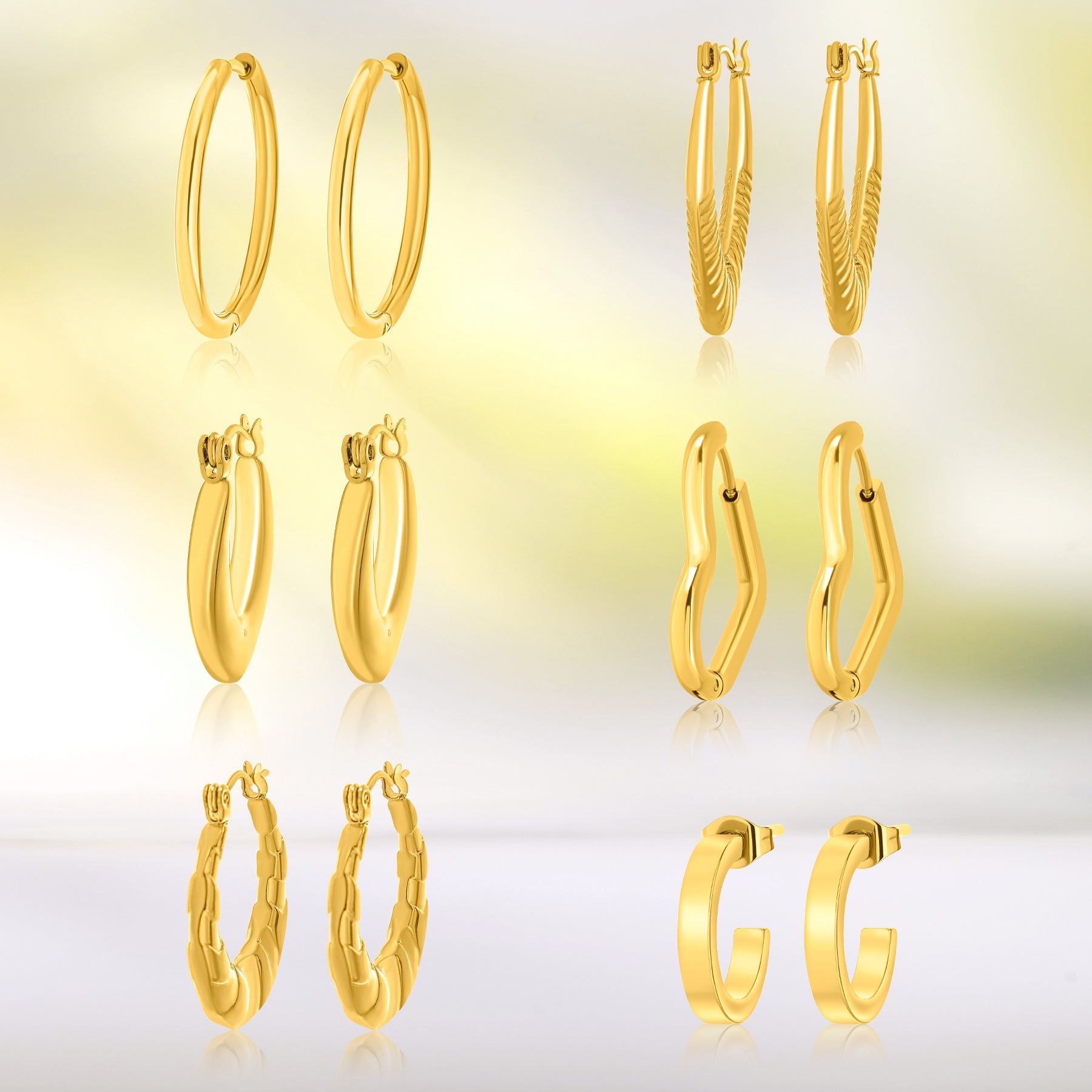 6 Pairs Women Earrings MultiPack Gift Set in Yellow Gold Plating, Multipack Lightweight, Hoop Huggies Twist Huggie Earrings for Daily Office Wear