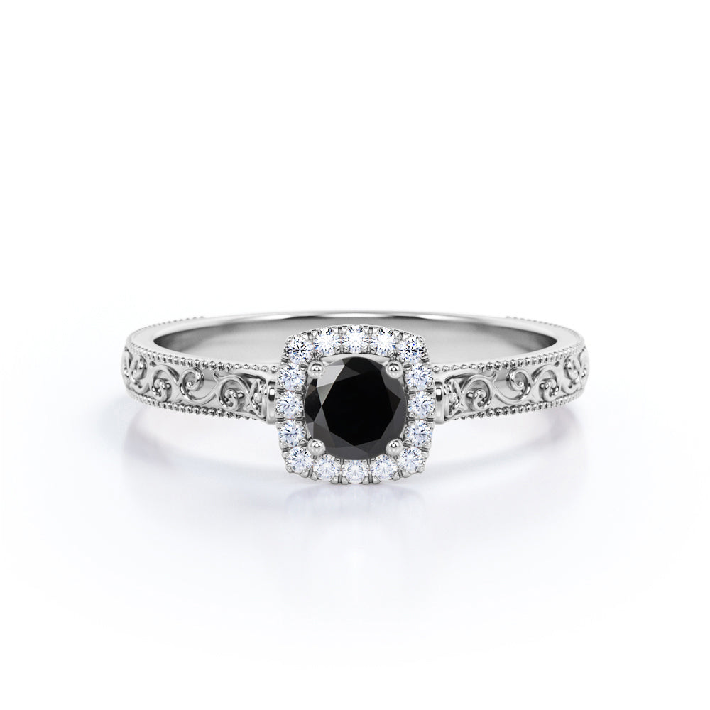 1.15 Carat Round Cut Lab Grown Black Diamond Art Deco Engagement Ring In White Gold